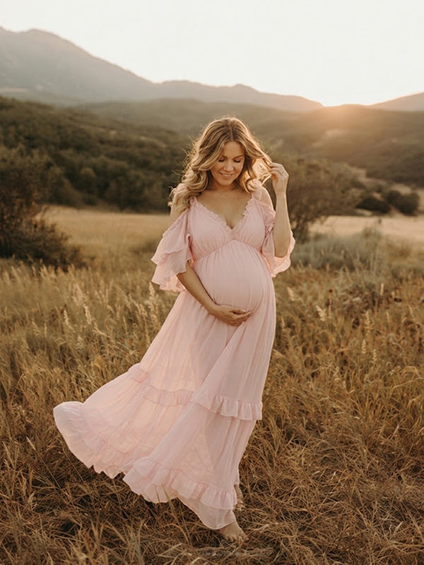 Pink Falbala Flowy Maternity Maxi Dress with Falbala Detail Relaxed Loose Fit