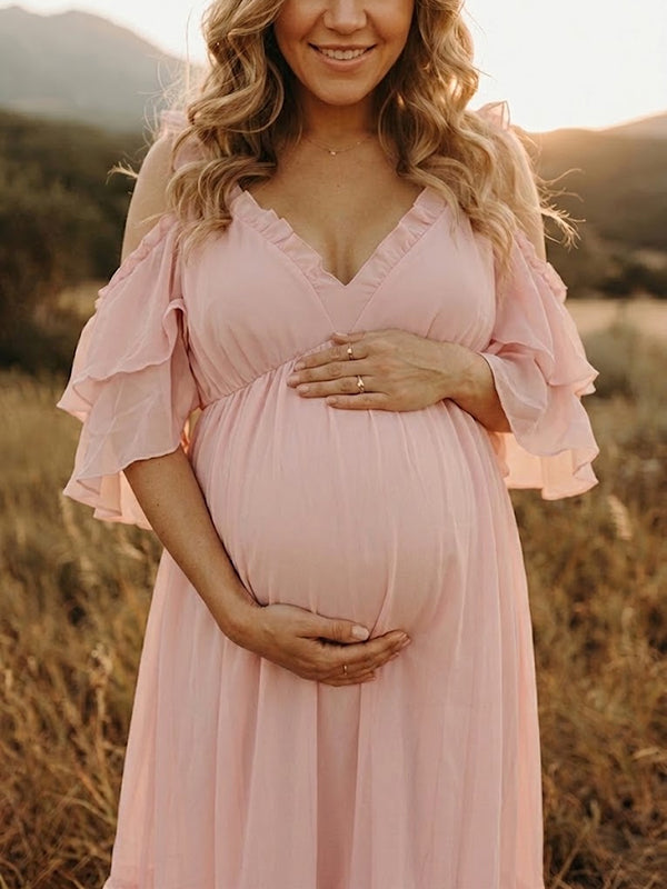 Pink Falbala Flowy Maternity Maxi Dress with Elegant Falbala Detail
