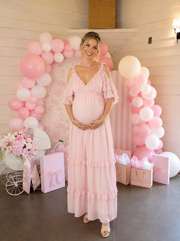 Pink Falbala Flowy Maternity Maxi Dress with Elegant Detail and Relaxed Loose Fit, Baby Shower