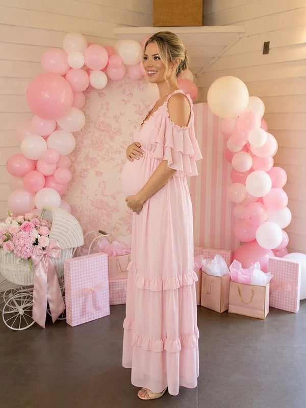 Pink Falbala Flowy Maternity Maxi Dress with Flowy Falbala Detail Relaxed Fit