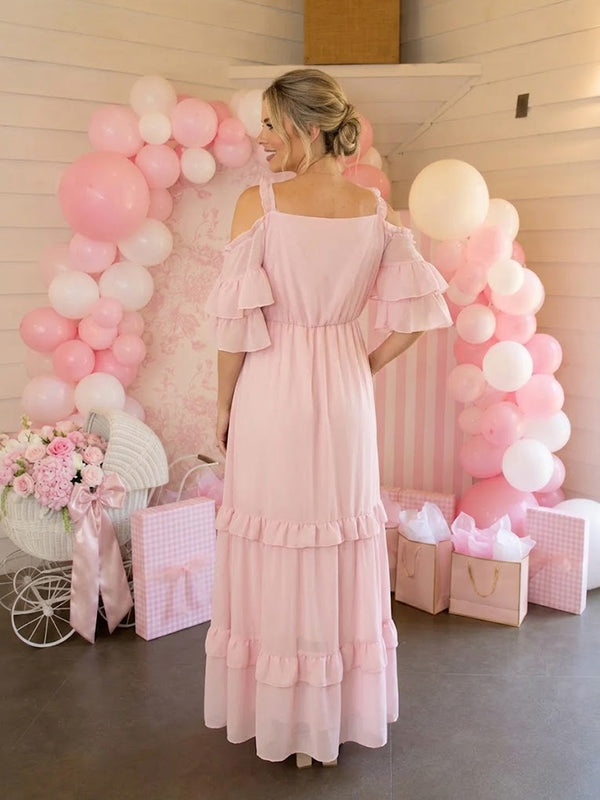Pink Falbala Flowy Maternity Maxi Dress with Elegant Flowy Detail