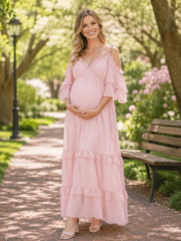 Pink Falbala Flowy Maternity Maxi Dress with Elegant Detail and Relaxed Loose Fit, Daily Wear