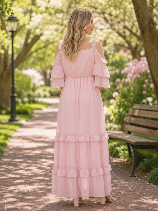 Pink Falbala Flowy Maternity Maxi Dress with Falbala Detail Relaxed Loose Fit