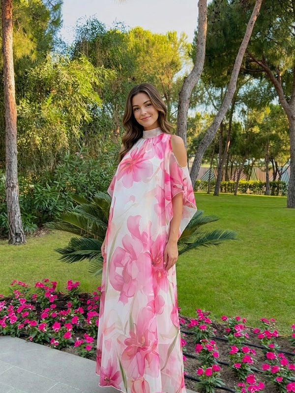 Pink Floral Off Shoulder Maternity Maxi Dress with Loose Flowing Fit, Vacation