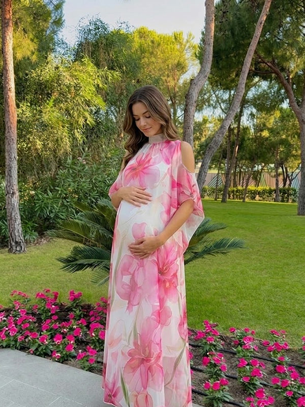 Pink Floral Off Shoulder Maternity Maxi Dress with Loose Flowing Fit