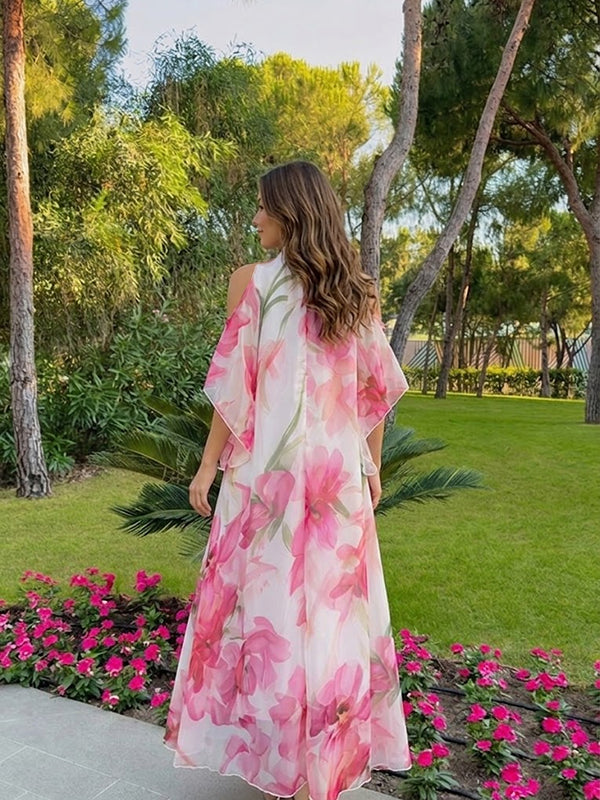 Pink Floral Off Shoulder Maternity Maxi Dress with Off Shoulder Design