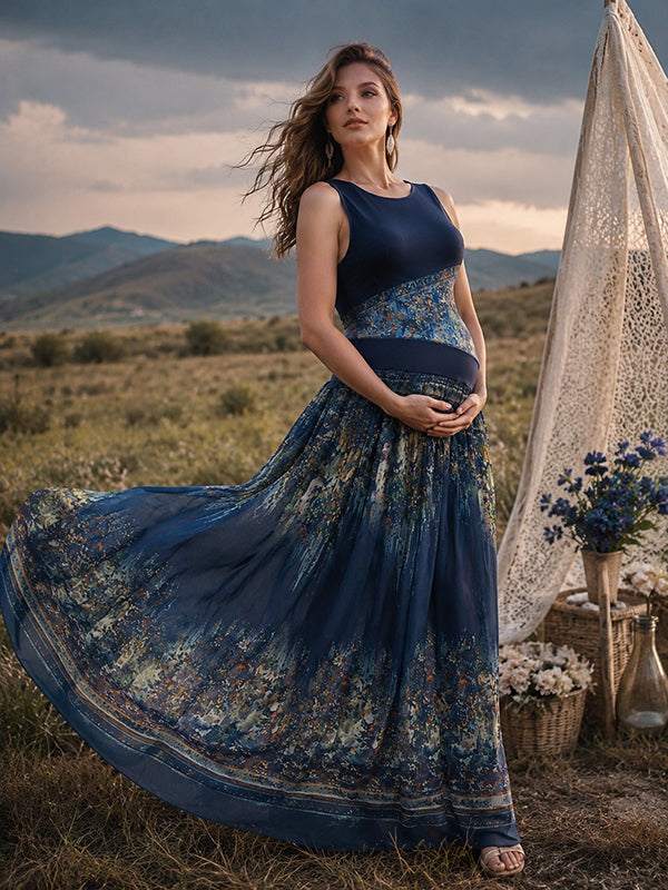 Blue Floral Maternity Maxi Dress with Loose Flowy Fit, Photoshoot