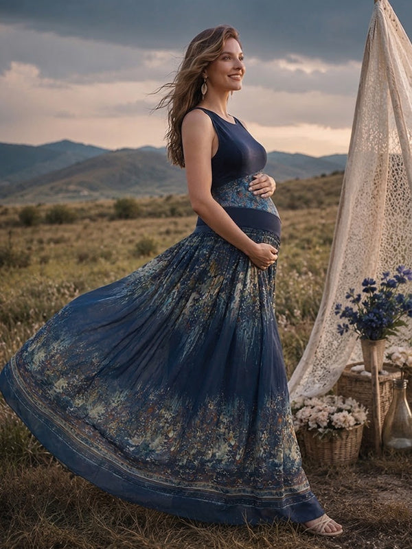 Blue Floral Maternity Maxi Dress with Flowy Design Loose Fit