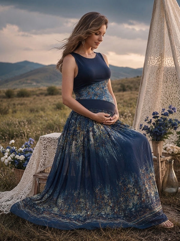 Blue Floral Maternity Maxi Dress with Floral Details