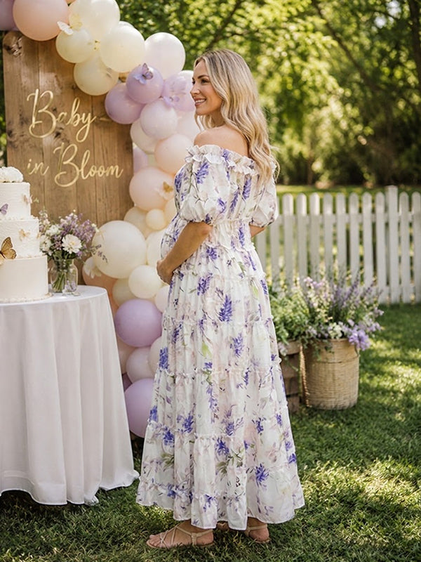Purple Off Shoulder Maternity Maxi Dress with Floral Falbala Details Loose Fit