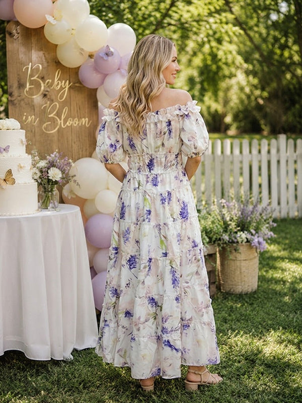 Purple Off Shoulder Maternity Maxi Dress with Floral Falbala Details