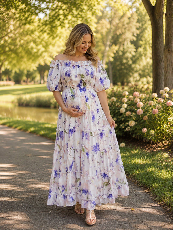 Purple Off Shoulder Maternity Maxi Dress with Floral Falbala Details and Loose Fit, Daily Wear