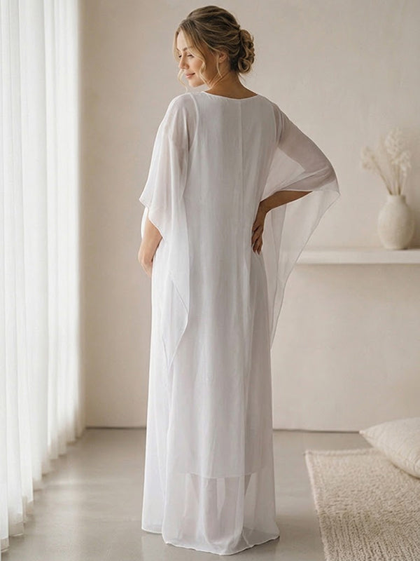 White Maternity Dress with Ruched Dolman Sleeves Loose Silhouette