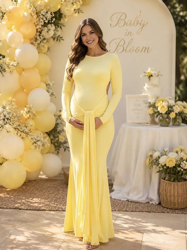 Momyknows Elegant Backless Lace Up Draped Hem Baby Shower Maternity Maxi Dress - Yellow - 3