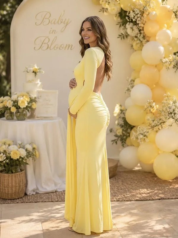 Momyknows Elegant Backless Lace Up Draped Hem Baby Shower Maternity Maxi Dress - Yellow - 4