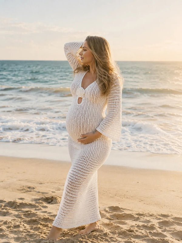 Momyknows White Chic Cut Out 3D Flowers Crochet Maternity Photoshoot Maxi Dress - White - 1