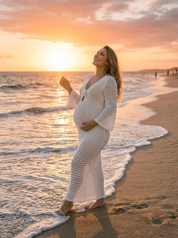 Momyknows White Chic Cut Out 3D Flowers Crochet Maternity Photoshoot Maxi Dress - White - 3