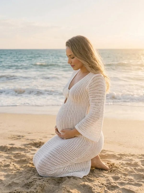 Momyknows White Chic Cut Out 3D Flowers Crochet Maternity Photoshoot Maxi Dress - White - 4