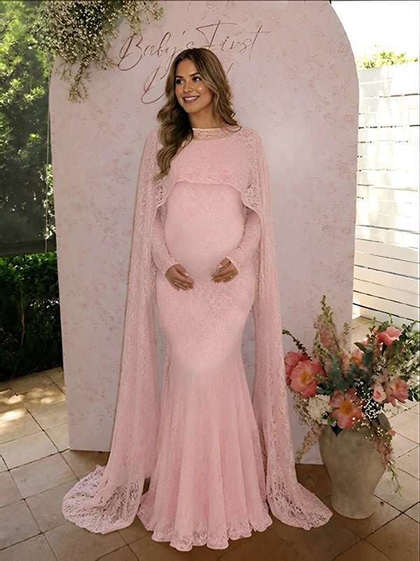 Momyknows Elegant Lace Cape Bodycon Baby Shower Maternity Maxi Dress - Pink - 1