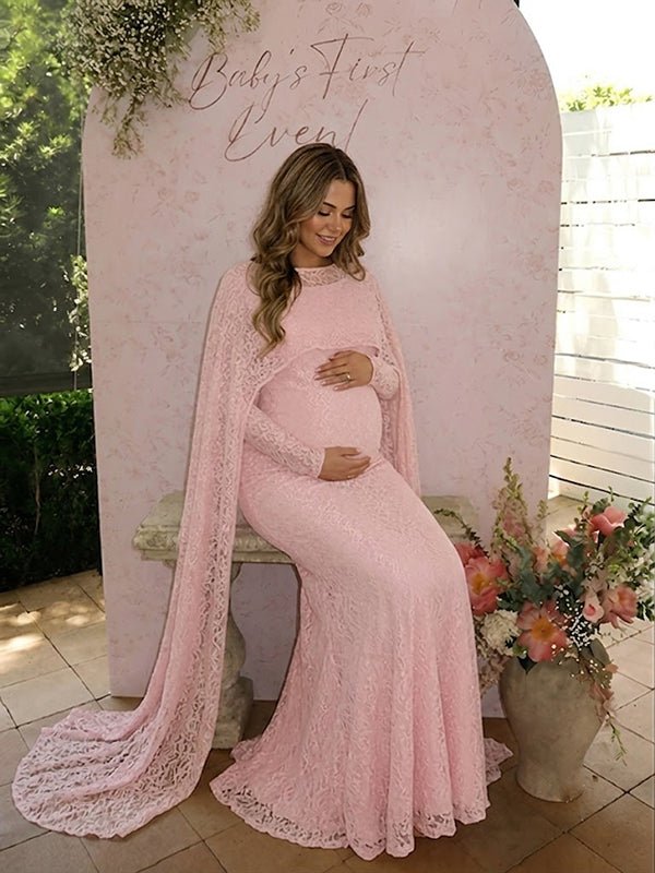 Momyknows Elegant Lace Cape Bodycon Baby Shower Maternity Maxi Dress - Pink - 2