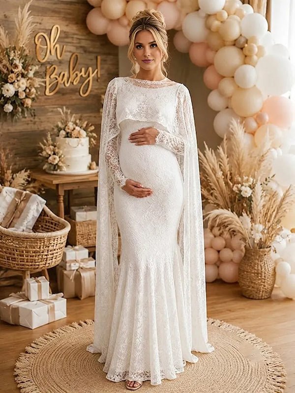 Momyknows Elegant Lace Cape Bodycon Baby Shower Maternity Maxi Dress - White - 3