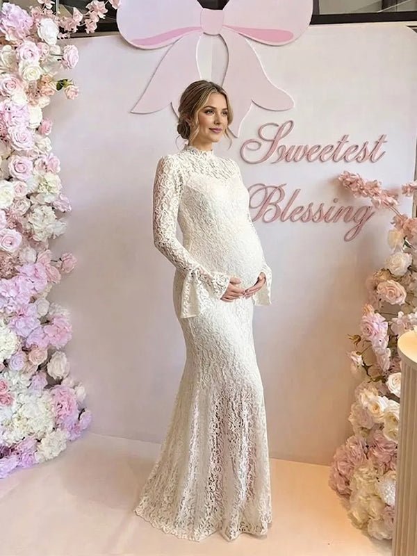 Momyknows White Elegant Lace Flare Sleeve Baby Shower Maternity Maxi Dress - White - 2