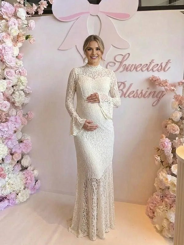 Momyknows White Elegant Lace Flare Sleeve Baby Shower Maternity Maxi Dress - White - 1