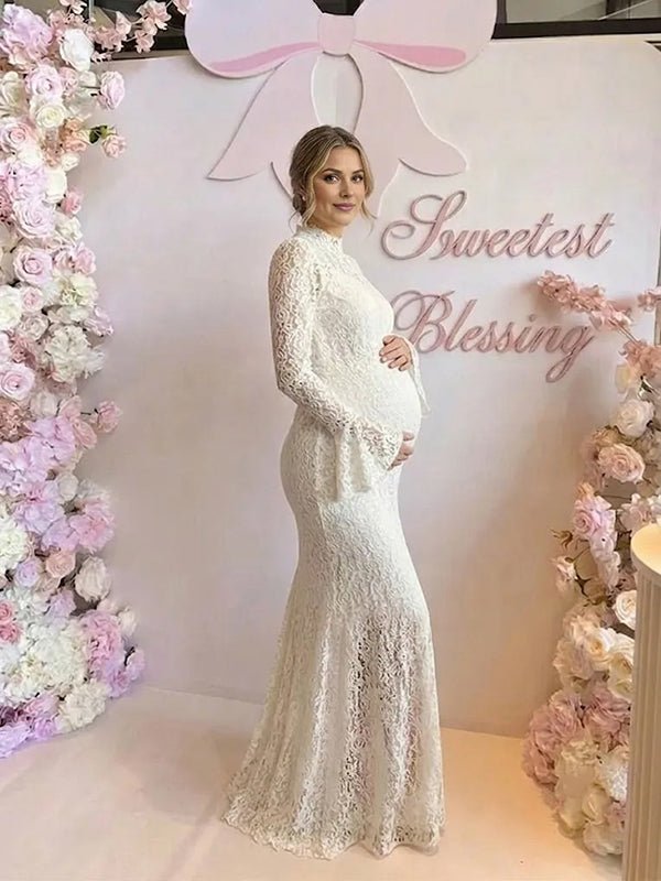 Momyknows White Elegant Lace Flare Sleeve Baby Shower Maternity Maxi Dress - White - 3