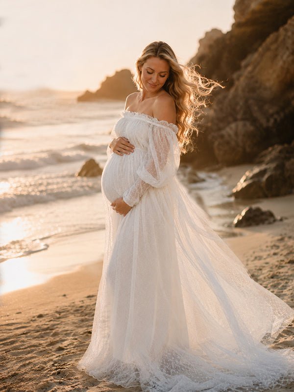 Momyknows Elegant Grenadine Falbala Off Shoulder Polka Dot Maternity Photoshoot Maxi Dress - White - 1
