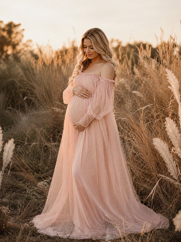 Momyknows Elegant Grenadine Falbala Off Shoulder Polka Dot Maternity Photoshoot Maxi Dress - Pink - 3