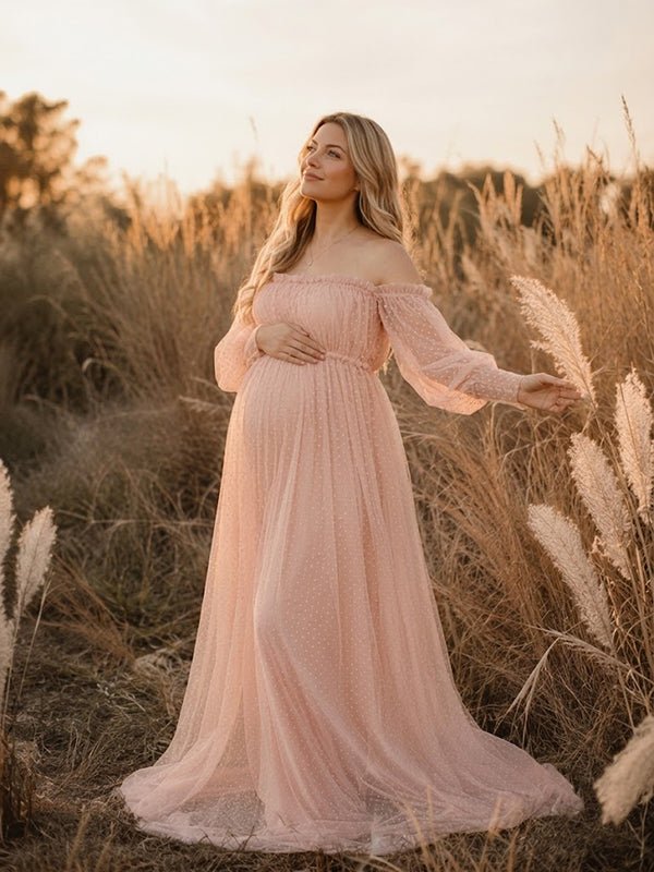 Momyknows Elegant Grenadine Falbala Off Shoulder Polka Dot Maternity Photoshoot Maxi Dress - Pink - 4