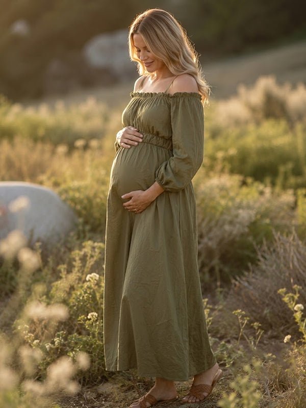 Momyknows Elegant Green Falbala Spaghetti Strap Maternity Photoshoot Maxi Dress - Green - 2