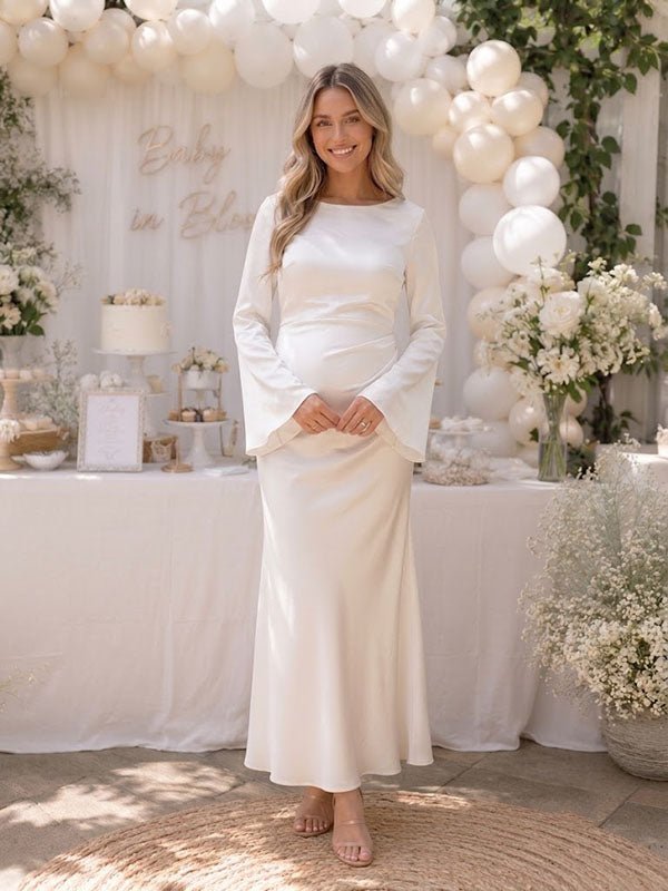 Momyknows Elegant White Ruched Mermaid Flare Sleeve Baby Shower Maternity Maxi Dress - White - 2