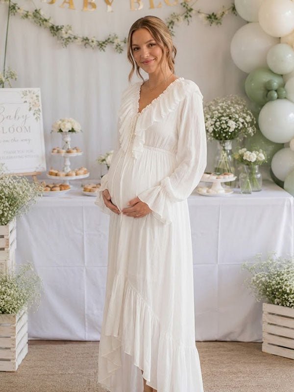 Momyknows Elegant White Flowy Falbala Irregular Lace-Up Baby Shower Maternity Maxi Dress - White - 2