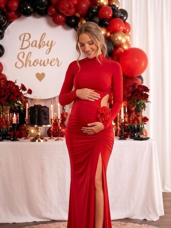 Momyknows Bodycon 3D Flowers Side Slit Ruched Midriff Baby Shower Maternity Maxi Dress - Red - 2
