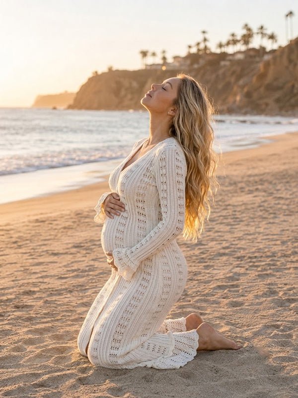 Momyknows White Elegant Crochet Flare Sleeve Cut Out Maternity Photoshoot Maxi Dress