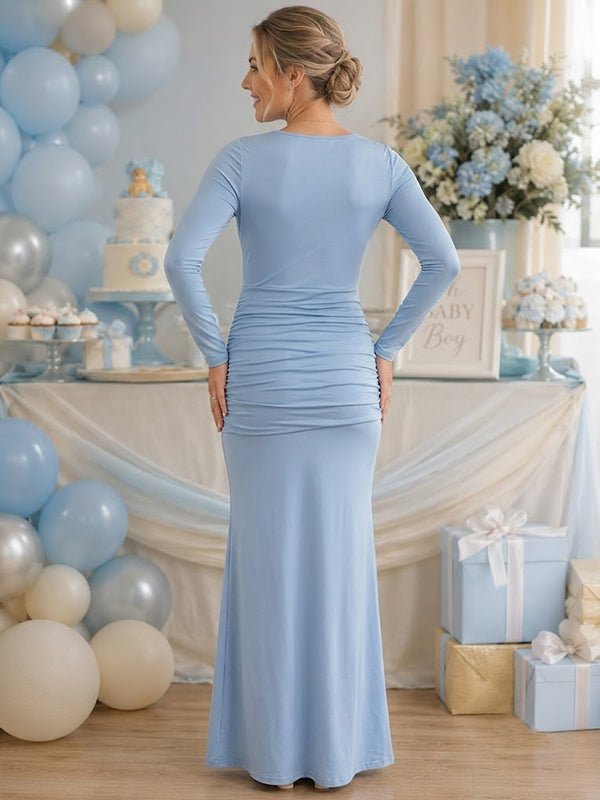 Momyknows Elegant Ruffle Draped Hem Baby Shower Maternity Maxi Dress - Blue - 2