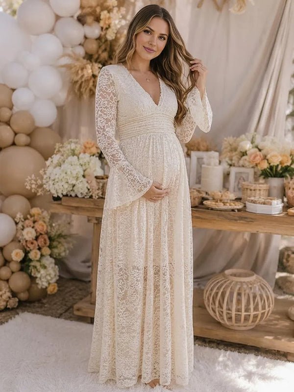 Momyknows Apricot Elegant Lace Flare Sleeve Baby Shower Maternity Maxi Dress - Apricot - 2