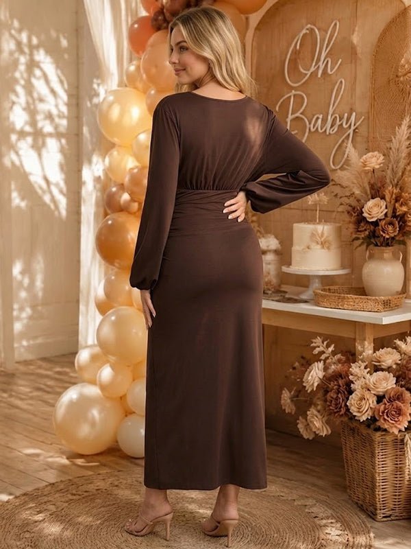 Momyknows Coffee Elegant Bodycon Ruffle Baby Shower Maternity Maxi Dress - Coffee - 2