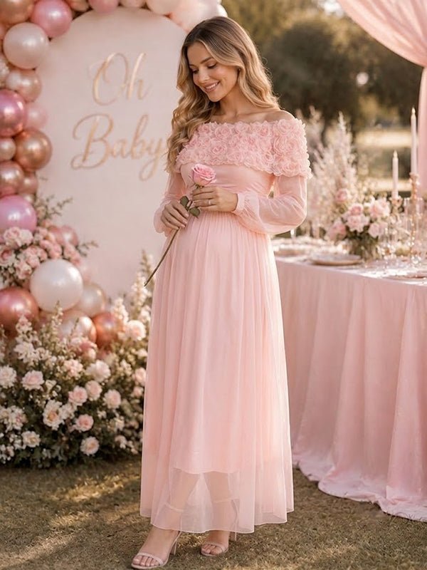 Momyknows Pink Elegant 3D Flowers Off Shoulder Baby Shower Maternity Maxi Dress - Pink - 2