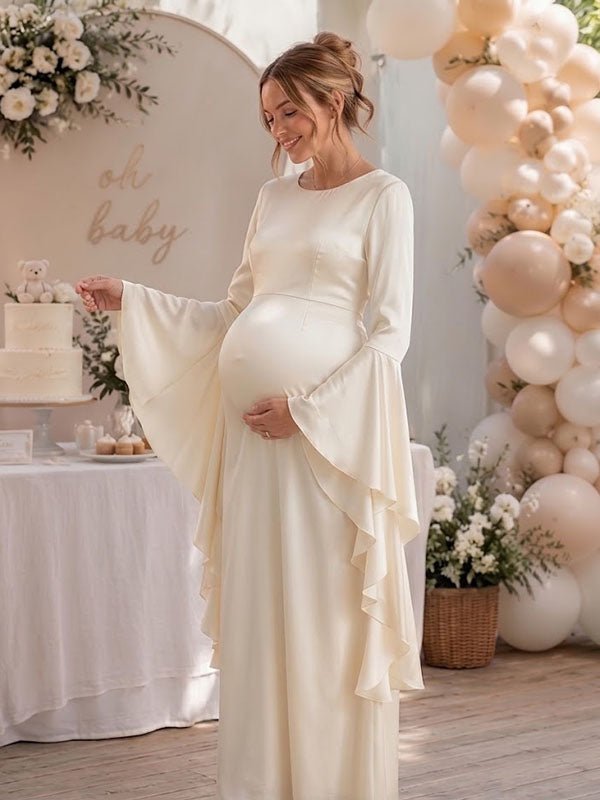 Momyknows Elegant Irregular Falbala Bell Sleeve Baby Shower Maternity Maxi Dress - Beige - 2