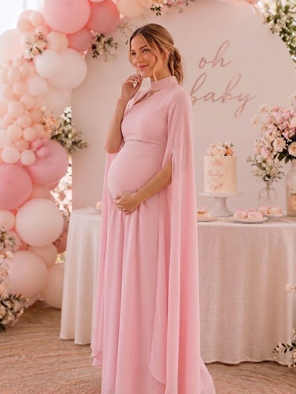 Momyknows Elegant Side Slit Grenadine Lace-Up A-Line Baby Shower Maternity Maxi Dress - Pink - 2