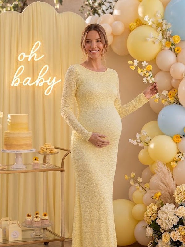 Momyknows Elegant Yellow Backless Lace-Up Bodycon Mermaid Baby Shower Maternity Maxi Dress - Yellow - 2