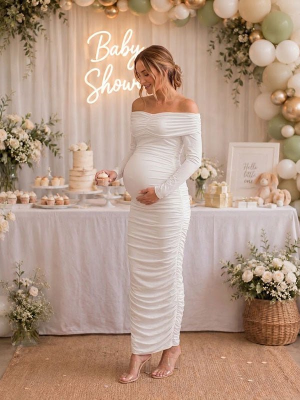 Momyknows Elegant White Off Shoulder Bodycon Ruched Baby Shower Maternity Maxi Dress - White - 2