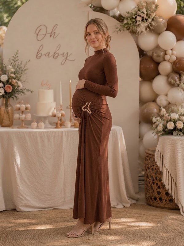 Momyknows Elegant Brown Ruched Studded Bodycon Baby Shower Maternity Maxi Dress - Brown - 2
