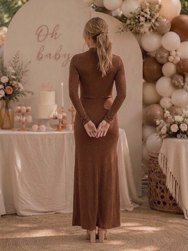 Momyknows Elegant Brown Ruched Studded Bodycon Baby Shower Maternity Maxi Dress, Brown / M