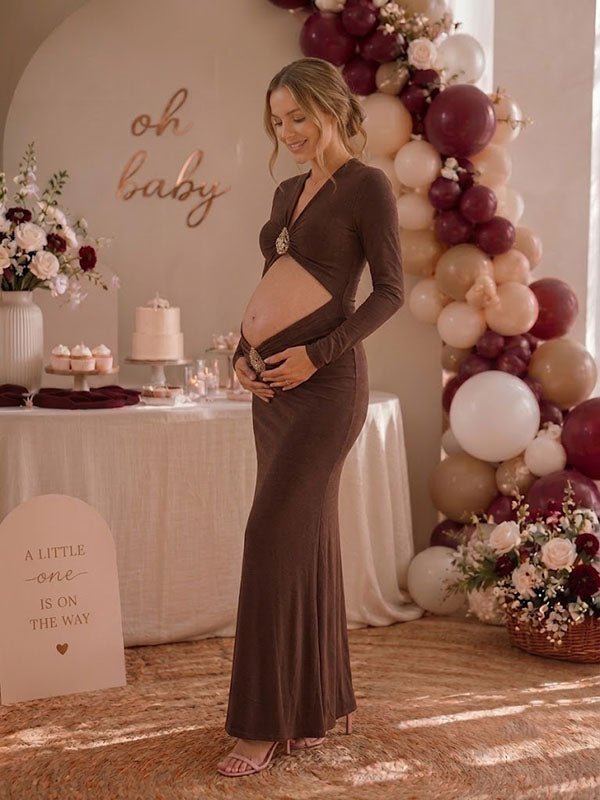 Momyknows Elegant Brown Bodycon Side Slit Studded Ruched Baby Shower Maternity Maxi Dress - Brown - 2