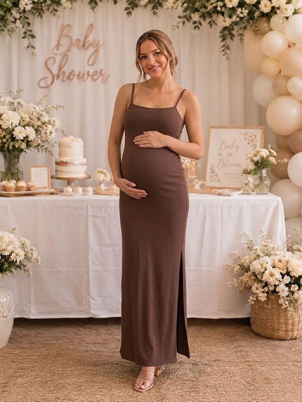 Momyknows Brown 2-in-1 Spaghetti Straps Side Slit Bodycon Baby Shower Maternity Maxi Dress - Brown - 2