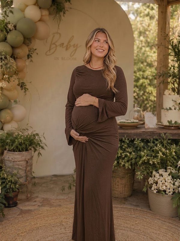 Momyknows Elegant Brown A-Line Ruched Grenadine Baby Shower Maternity Maxi Dress - Brown - 2