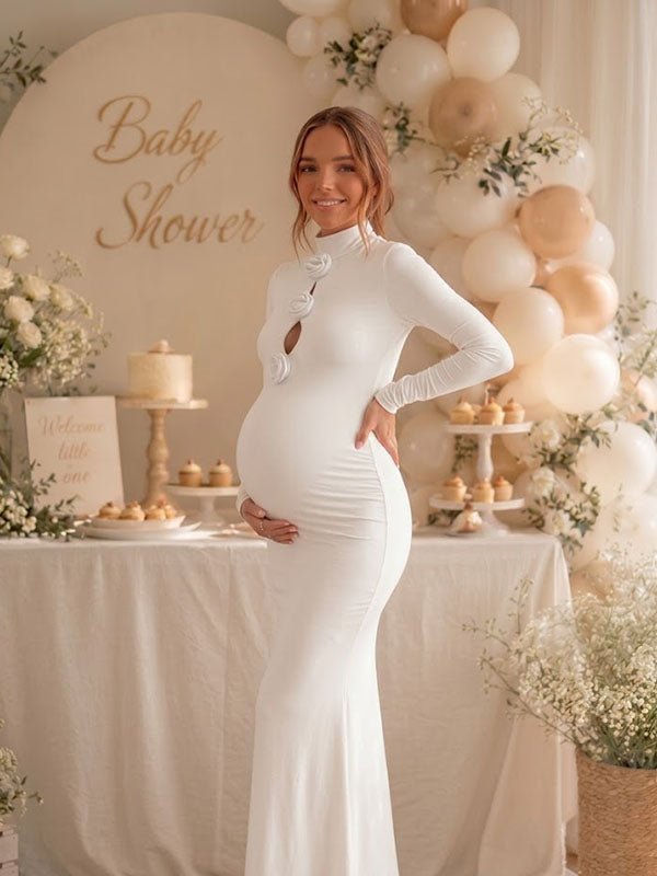 Momyknows Elegant White 3D Flowers Lace-Up Bodycon Mermaid Baby Shower Maternity Maxi Dress - White - 2